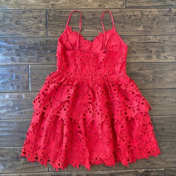 Endless Rose Lace Tiered Red Mini Dress Women's Small Wedding Guest Event - Picture 2 of 12